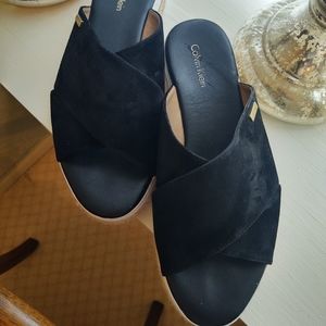 Calvin Klein, Size 8.5, Black suede with Jute and White trim slip ons